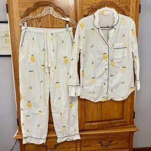 Printfresh Lemon Drop Pajama Set Womens S White Embroidered Cotton 2 Piece PJ